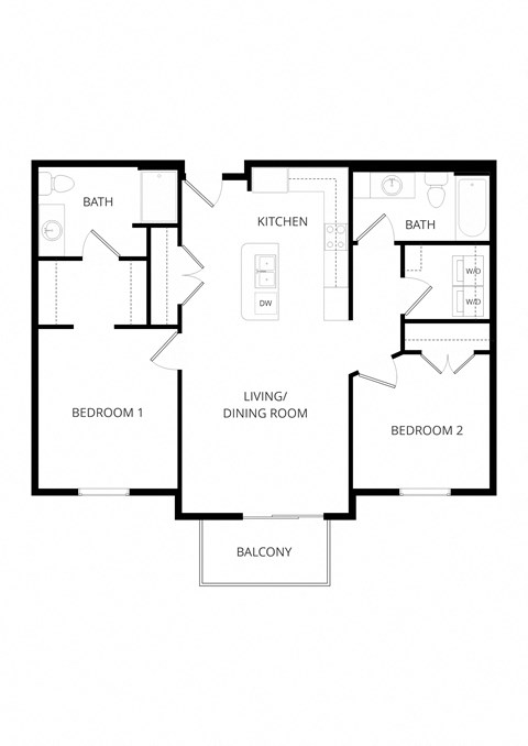Floor plan for 2 beds, 2 baths, 949 sqft